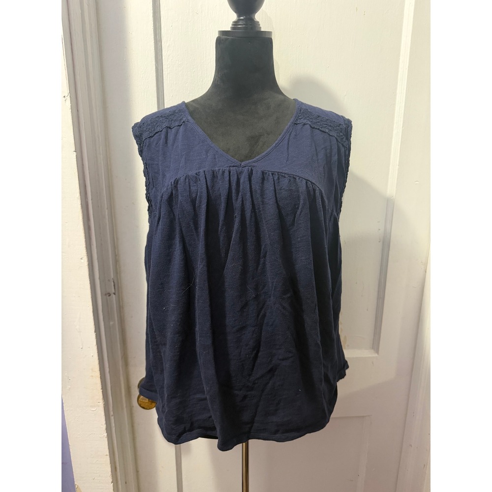 Gap Navy Blue Short Sleeve V-Neck Lace Trim Flowy Pleated Top Blouse XL